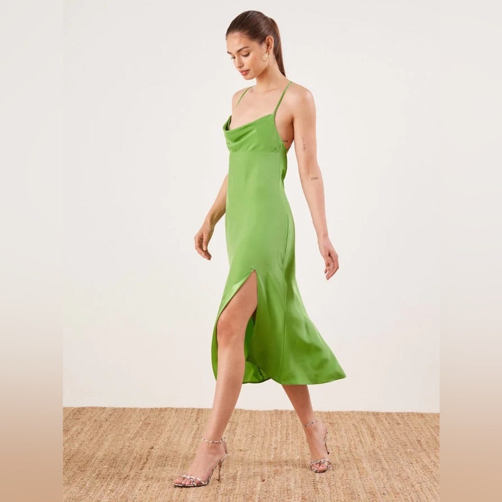 Reformation Green Cowl Neck Slip Maxi Dress